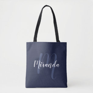 Modern gepersonaliseerd monogram en naam Navy Blue Tote Bag