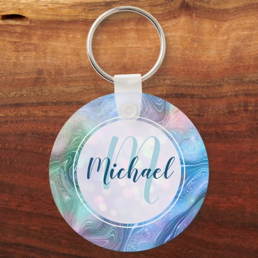 Modern gepersonaliseerd monogram en naam vloeistof sleutelhanger (Voorkant)