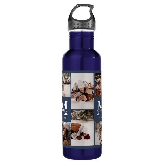 Modern gepersonaliseerd monogram & fotocollage bla waterfles  (Voorkant)