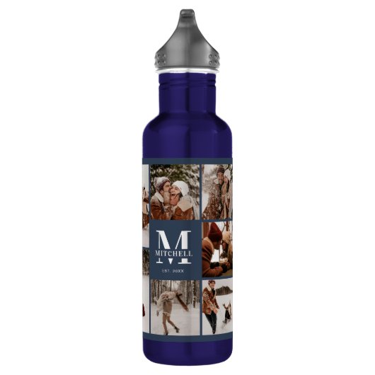 Modern gepersonaliseerd monogram & fotocollage bla waterfles  (Rechts)