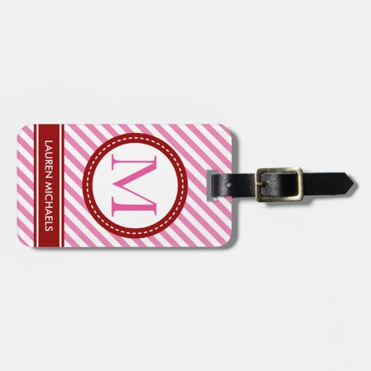 modern gepersonaliseerd monogram gestript blauw bagagelabel (Voorkant horizontaal)