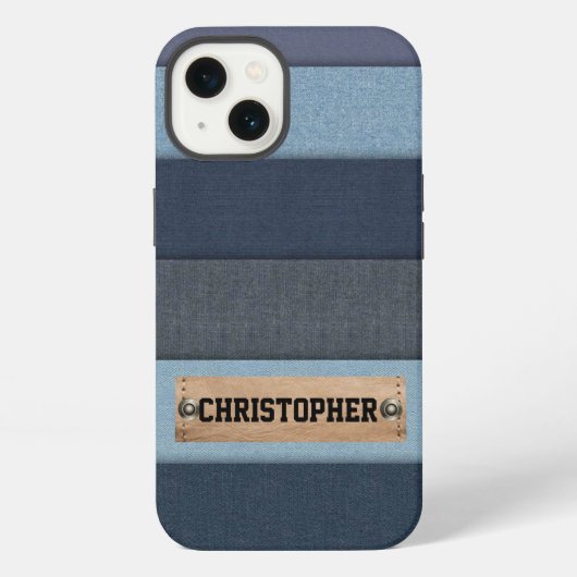 Modern gepersonaliseerd naamlabel denim iPhone hoesje (Achterkant)