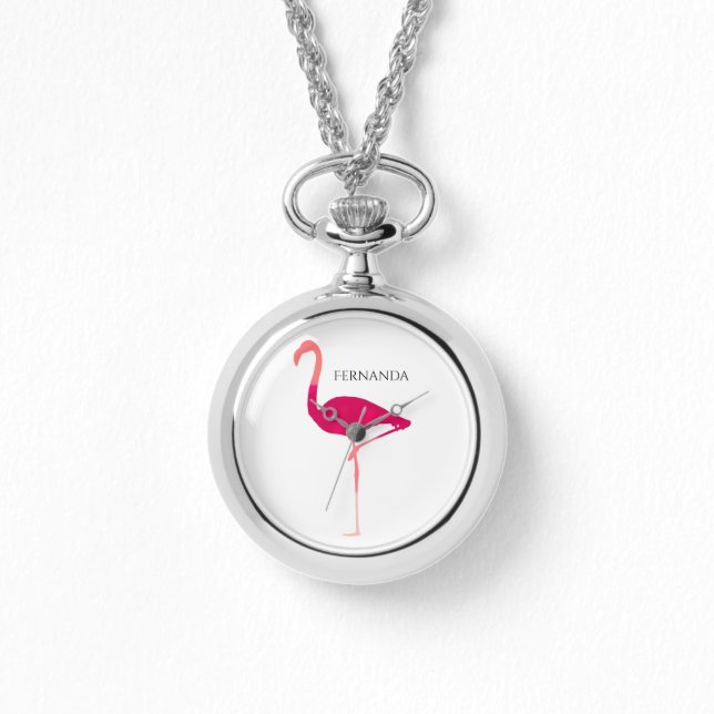 Modern gepersonaliseerd roze grafisch flamingo mot horloge (Voorkant)