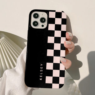 Modern gepersonaliseerd zwart en crème geruit iPhone 15 case