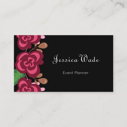 Modern gepersonaliseerde Floral Red Roses Black Visitekaartje (Voorkant)