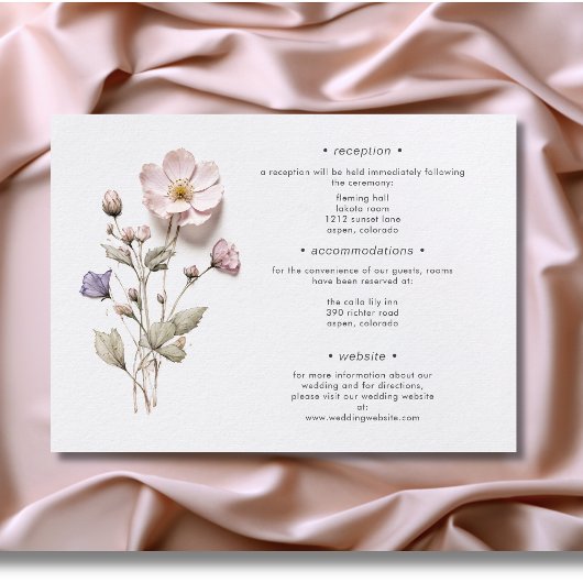 Modern geperst pastel Wildflowers bruiloft details Informatiekaartje