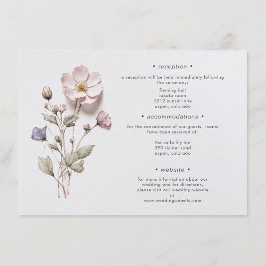 Modern geperst pastel Wildflowers bruiloft details Informatiekaartje (Voorkant)