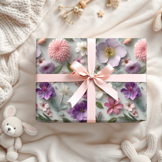 Modern geperste 3D Wildflower roze en Paarse Cadeaupapier