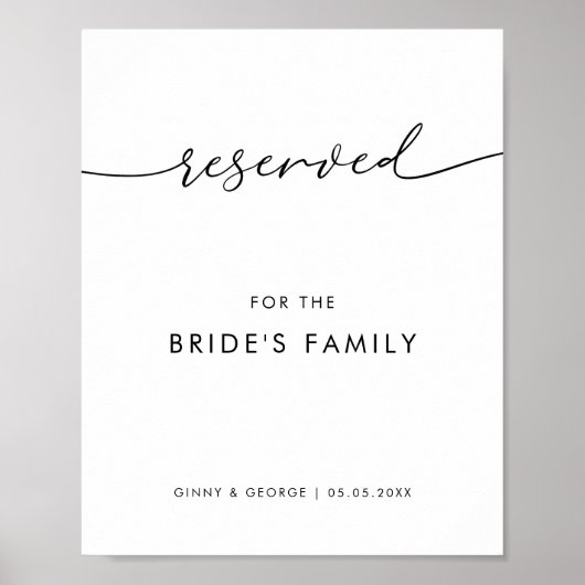 Modern Gereserveerd voor Bruid's Familie Trouwbord Poster (Voorkant)
