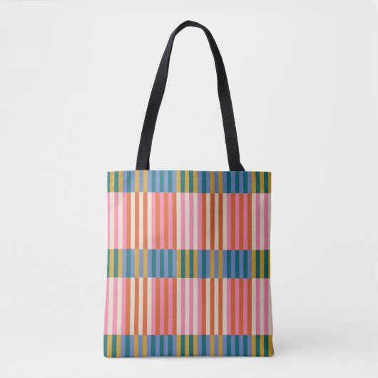 Modern geruite gestreepte Sinaasappel, roze, blauw Tote Bag (Voorkant)