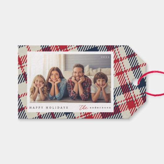 Modern geruite patroon Kerstmis aangepaste familie Cadeaulabel (Voorkant (Horizontaal))