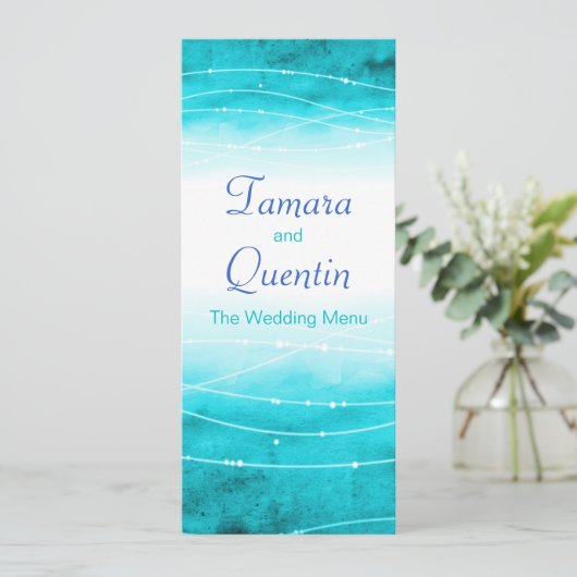 Modern geschilderd abstract zee blauw bruiloft men menu (Staand voorkant)