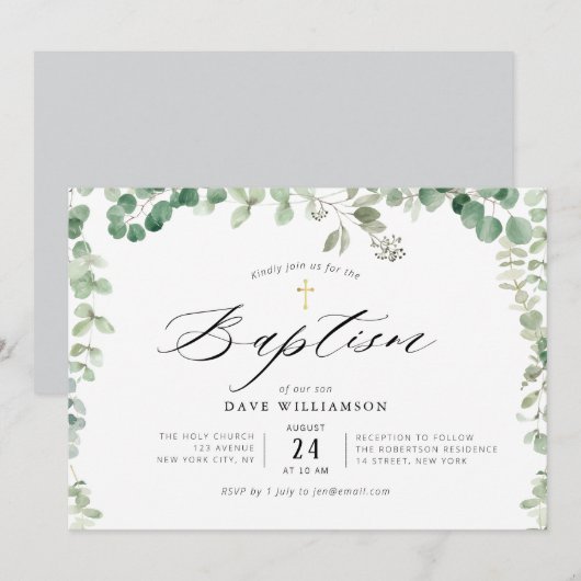 modern geschilderd eucalyptuselegant lijst baptism kaart (Voorkant / Achterkant)