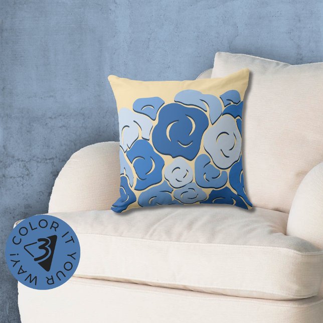 Modern gestileerd bloembed blauw & geel kussen (Modern Stylized Flower Bed Blue & Yellow Throw Pillow, Color Customize)