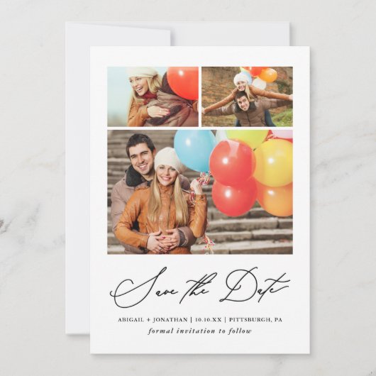 Modern gestreepte drie foto's met de hand geletter save the date (Voorkant)