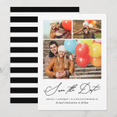Modern gestreepte drie foto's met de hand geletter save the date (Voorkant / Achterkant)