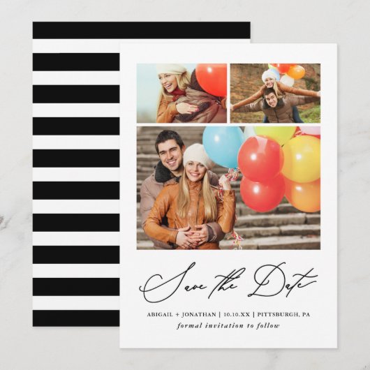 Modern gestreepte drie foto's met de hand geletter save the date (Voorkant / Achterkant)