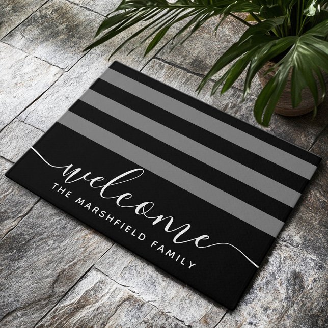 Modern gestreepte patroonfamilie welkom zwart grij deurmat (Custom Welcome Doormat)