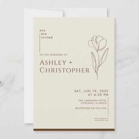 Modern getekende bloemenbruine bruiloft kaart (Voorkant)