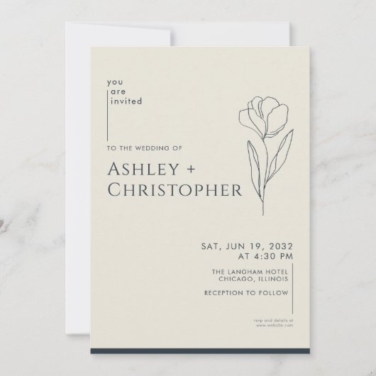 Modern getekende bloemenmarine blauwe bruiloft kaart (Voorkant)