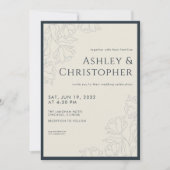 Modern getekende bloemenmarine blauwe bruiloft kaart (Voorkant)