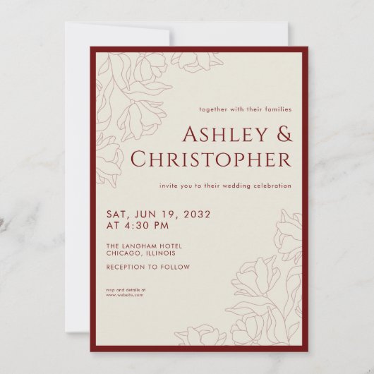 Modern getekende bloemige karmozijnrode bruiloft kaart (Voorkant)