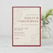 Modern getekende bloemige karmozijnrode bruiloft kaart (Staand voorkant)