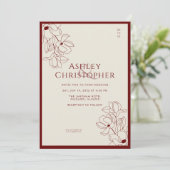 Modern getekende bloemige karmozijnrode bruiloft kaart (Staand voorkant)
