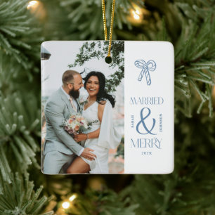 Modern Getrouwd en Vrolijk Pas getrouwd Boog Kerst Keramisch Ornament