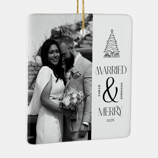 Modern Getrouwd en Vrolijk Pas getrouwd Boog Kerst Keramisch Ornament (Rechts)