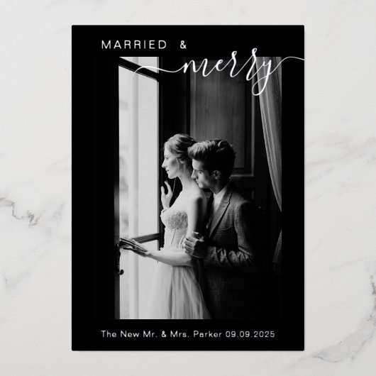 Modern getrouwd & vrolijke koppels 1e kerstmis folie feestdagenkaart (Voorkant)