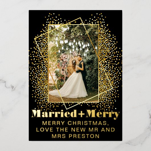 Modern gewaagd script, getrouwd en vrolijk bruilof folie feestdagenkaart (Voorkant)