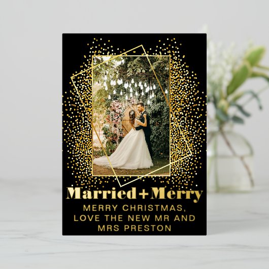 Modern gewaagd script, getrouwd en vrolijk bruilof folie feestdagenkaart (Staand Voorkant)