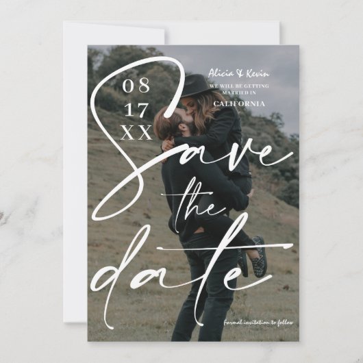 Modern gewaagd wit manuscript sparen de datumfoto save the date (Voorkant)