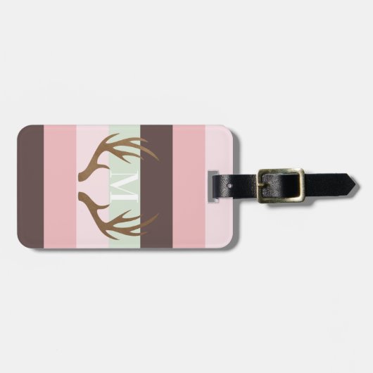Modern gewei roze groen bruin gestreept monogram bagagelabel (Voorkant horizontaal)