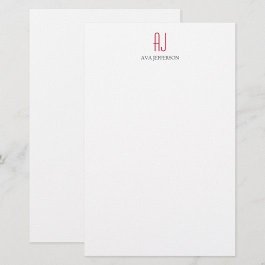 Modern gewoon verticaal eenvoudig wit rood monogra briefpapier (Voorkant / Achterkant)