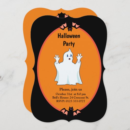 Modern Ghost & Bats Halloween Invitation Kaart (Voorkant / Achterkant)