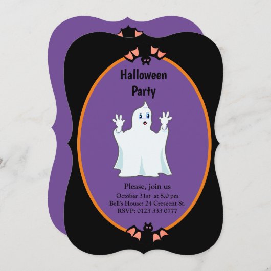 Modern Ghost & Bats Halloween Invitation Kaart (Voorkant / Achterkant)