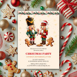 Modern Gingerbread Notenkraker kerstfeest Kaart<br><div class="desc">Vier het seizoen met deze charmante notenkraker-thema kerstfeest uitnodiging! Met twee schattige notenkrakers in klassiek rood en groen, samen met peperkoekkoekjes en feestelijke vakantieaccenten, legt deze uitnodiging de magie van een traditioneel kerstfeest vast met een eigentijdse, leuke twist. Het ontwerp omvat gouden sterren en een prachtige slinger grens, waardoor het...</div>