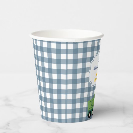 Modern Gingham Blue Construction 3rd Birthday  Papieren Bekers (Rechts)