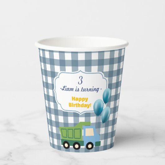 Modern Gingham Blue Construction 3rd Birthday  Papieren Bekers (Voorkant)