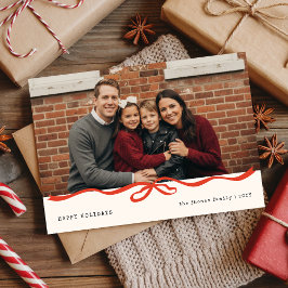 Modern Gingham Family Portrait Red Bow Christmas Feestdagenkaart