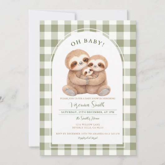 Modern Gingham Family Sloth Baby Shower Invitation Kaart (Voorkant)
