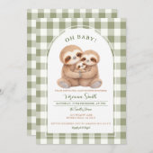 Modern Gingham Family Sloth Baby Shower Invitation Kaart (Voorkant / Achterkant)