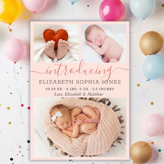 Modern Girl Birth Announcement Foto Collage Card Aankondiging