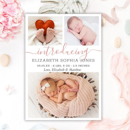 Modern Girl Birth Announcement Foto Collage Card Aankondiging