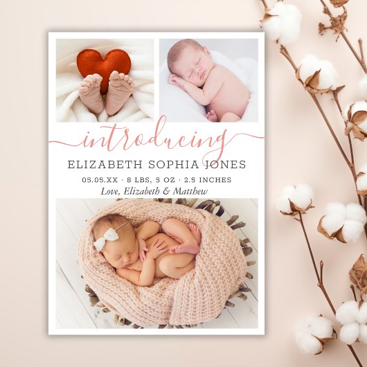 Modern Girl Birth Announcement Foto Collage Card Aankondiging