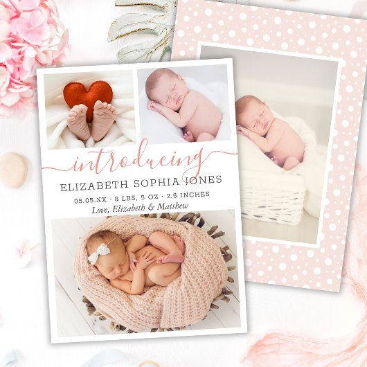 Modern Girl Birth Announcement Foto Collage Card Aankondiging
