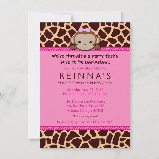 Modern Girl Monkey Invitation (roze) Kaart (Voorkant)