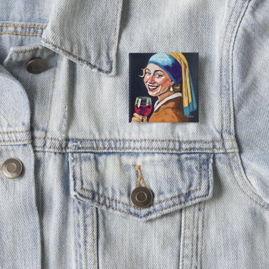 Modern Girl w/ a Pearl Earring - Vermeer Inspired Vierkante Button 5,1 Cm (In situ)